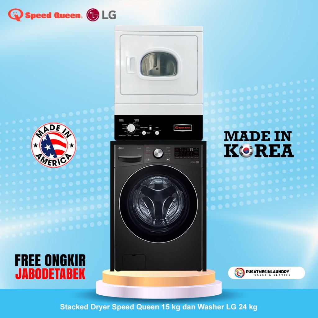 Stack Washer LG 20 kg dan Dryer Speedqueen 15 Kg