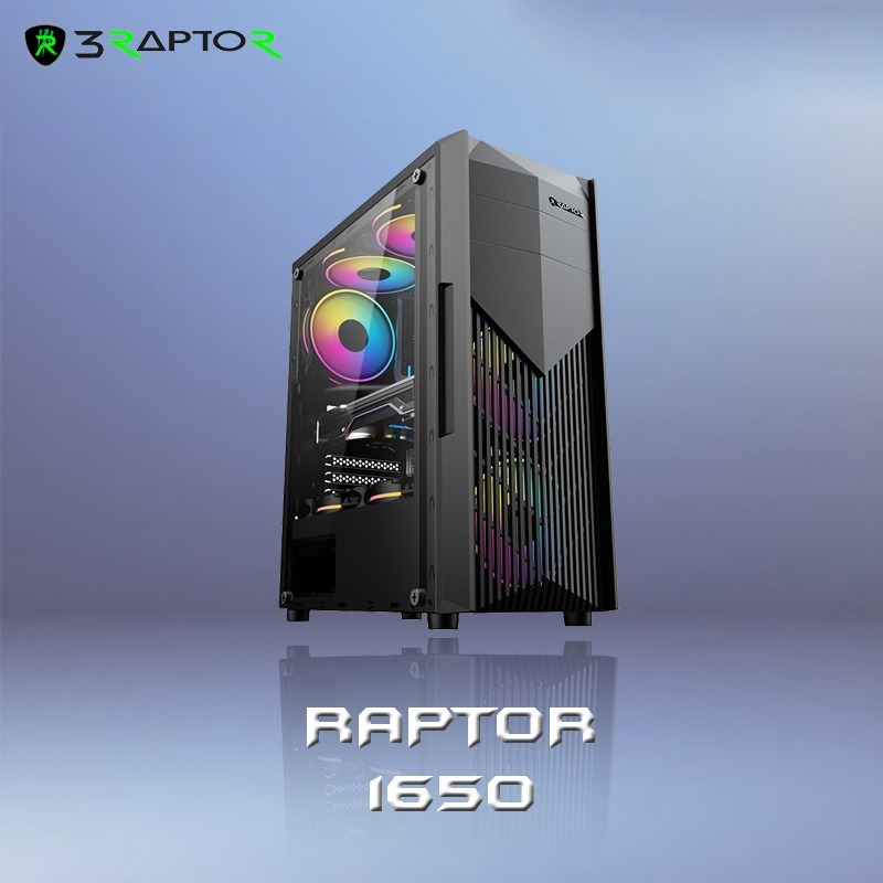 Casing Gaming/PC/Office RAPTOR Black Strike 1650 - Tempered Glass - Free 2 FAN