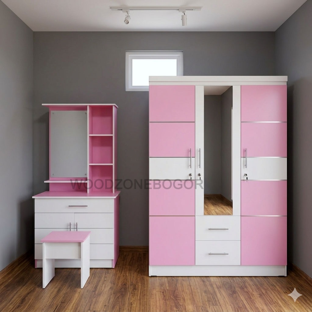 Paket Furniture E Meja Rias  + Lemari Pakaian 3 Pintu Minimalis Modern – Set Furniture Kamar Elegan 