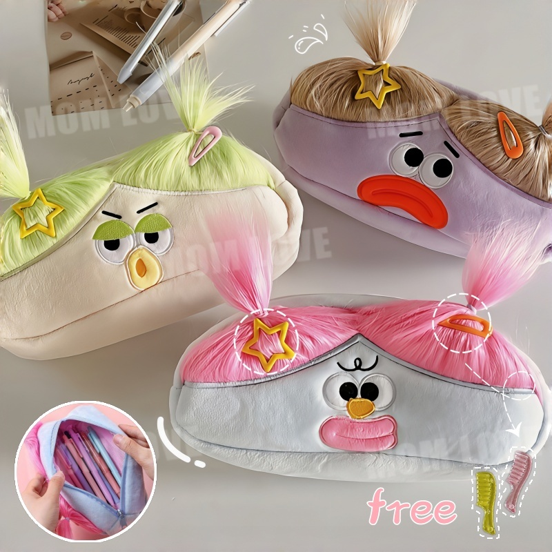 Kotak Pensil Boneka Bulu Lucu Ugly Girl Kapasitas Besar Pencil Case Kawaii Doll Alat Tulis Aesthetic