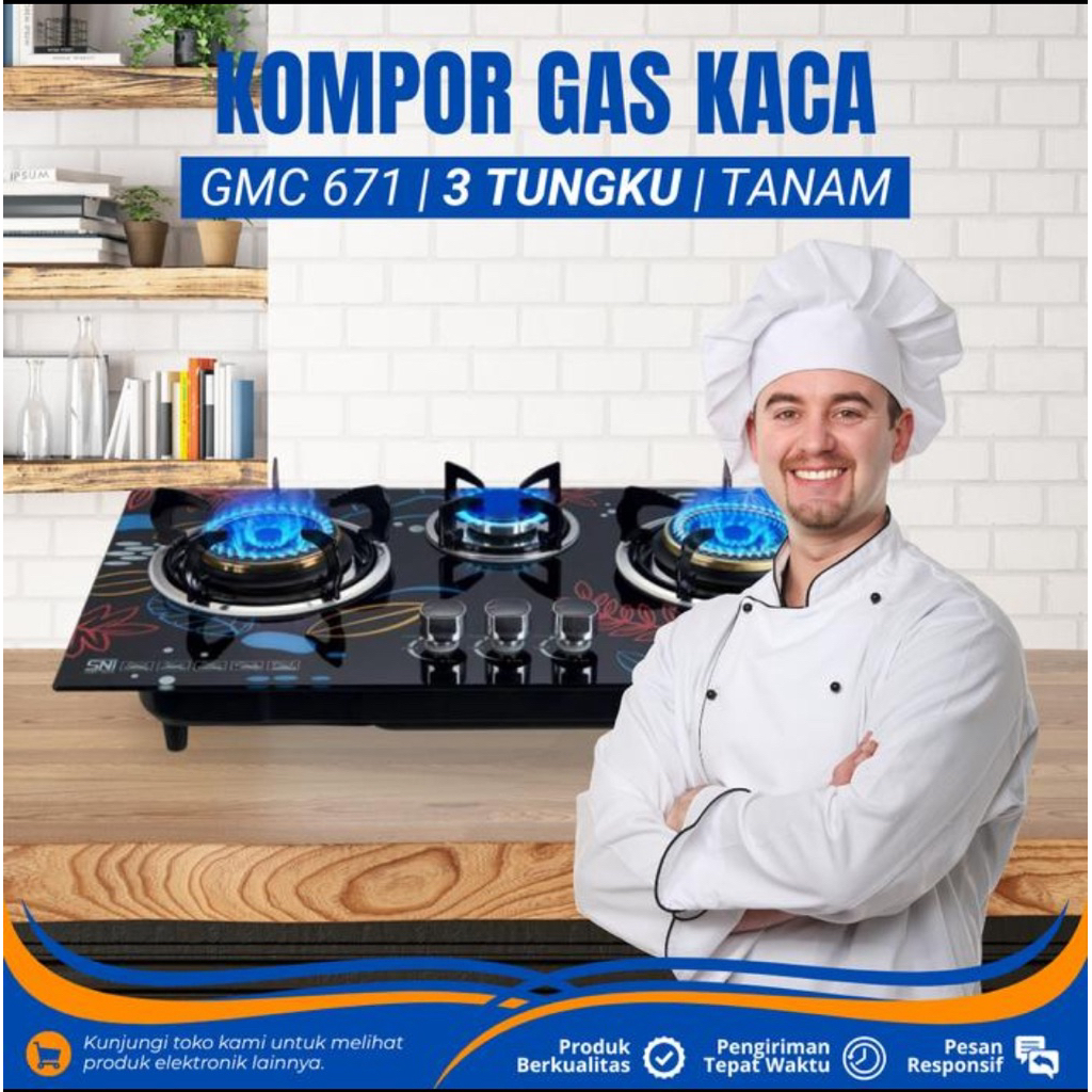 KOMPOR GAS 3 TUNGKU KACA GMC 671 KOMPOR GAS PANEL KACA TEMPERED GLASS KOMPOR GAS TANAM 3 TUNGKU