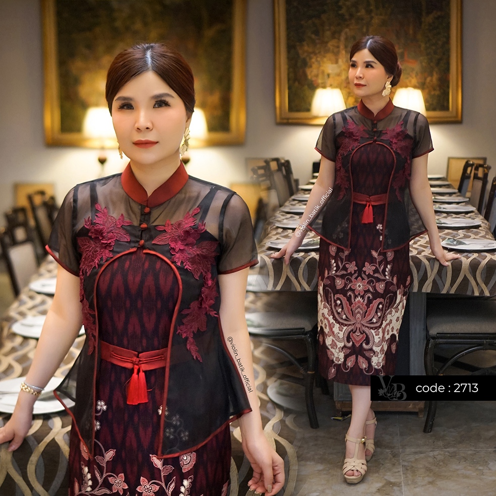 Violin Batik Dress Satin Outer Hitam Cheongsam Organza Bordir U 2713