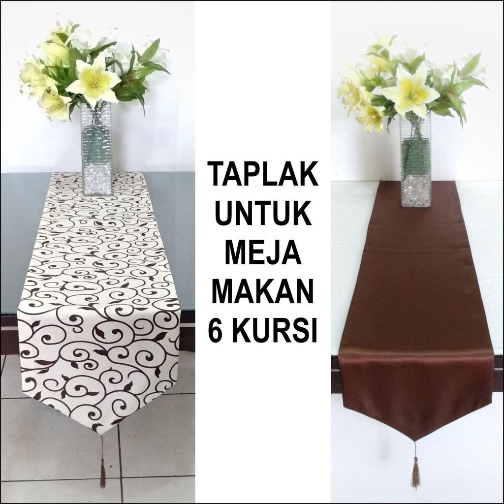 Taplak meja makan 6 kursi / table runner 6 kursi satin polos / katun motif / taplak meja polos / tap