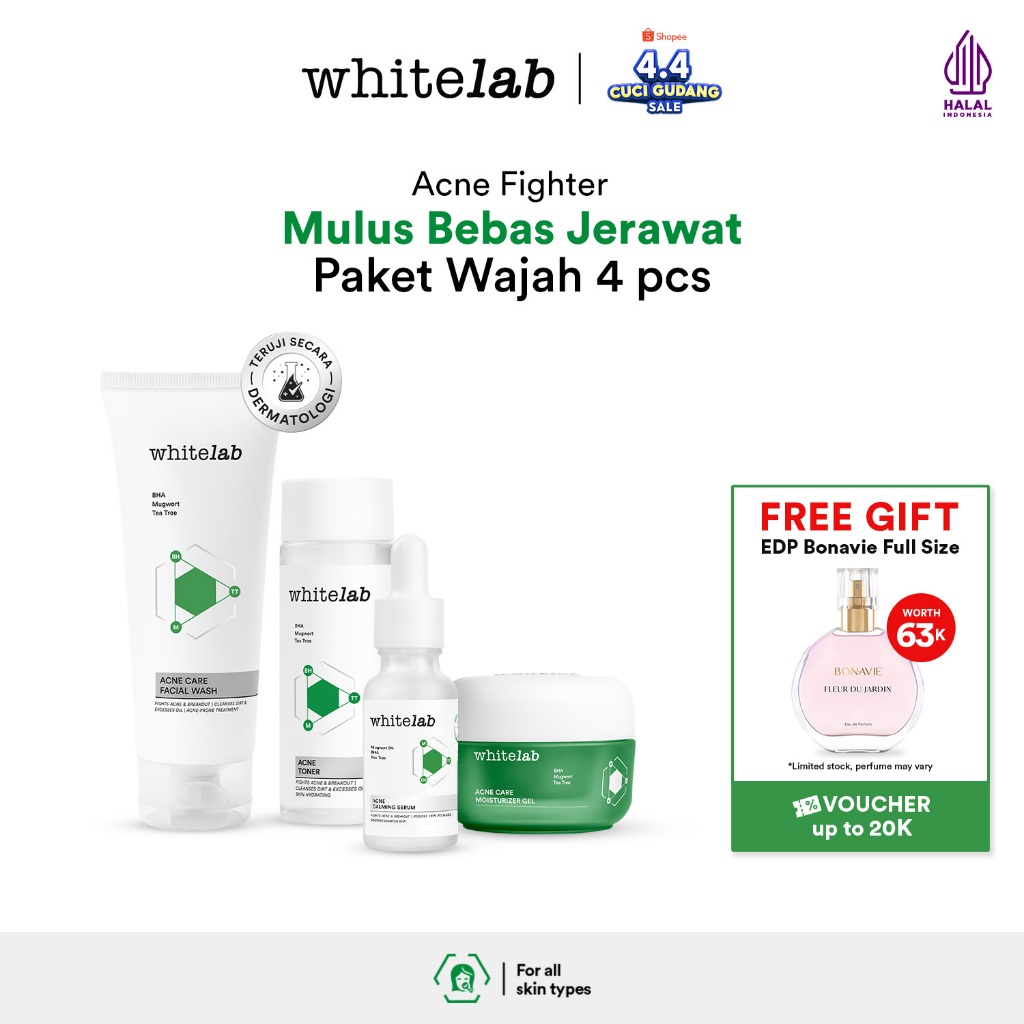 Whitelab 4 pcs Paket Acne - Facial Wash, Toner, Serum, Moisturizer Paket Skincare