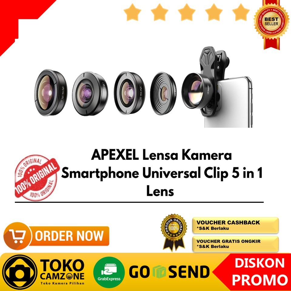 APEXEL Lensa Kamera Smartphone Universal Clip 5 in 1 Lens - APL-HB5 - Black