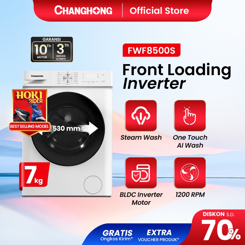 [New Arrival] Changhong Mesin Cuci Smart Inverter Front Loading Kapasitas 7 kg Model FWF8500S - Buka