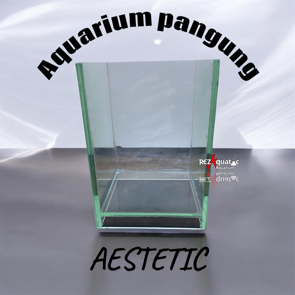 Aquarium Mini Pangung AESTETIC 15x15x20cm Kaca Bening Tebal Bonus Alas Hitam Desain Minimalis Elegan