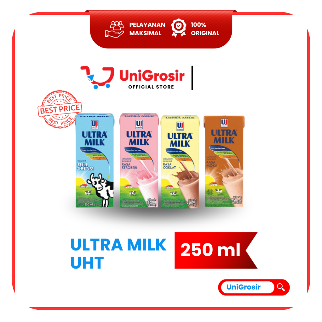 [UniGrosir] SUSU ULTRA MILK UHT FULL CREAM 250 ML COKLAT - STRAWBERRY - MOCCA