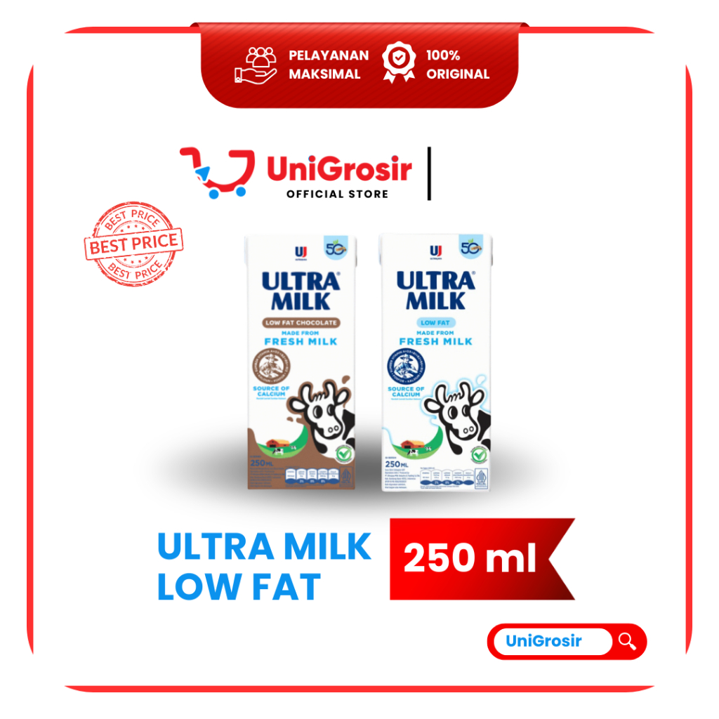 [UniGrosir] SUSU ULTRA MILK LOW FAT HIGH CALCIUM MILK 250 ML PLAIN DAN COKLAT