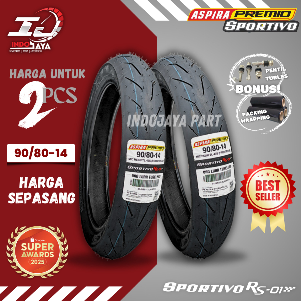 [COMBO SEPASANG] BAN ASPIRA PREMIO SPORTIVO RS01 RING 14  TUBELESS SOFT COMPOUND ( 90/80-14 ) / BAN 