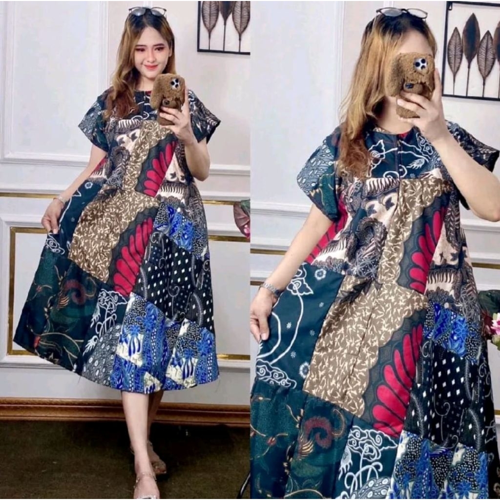 Daster Perca Katun Polimikro Motif Batik Sambung Wanita Ukuran Jumbo Busui Friendly Resleting Depan 