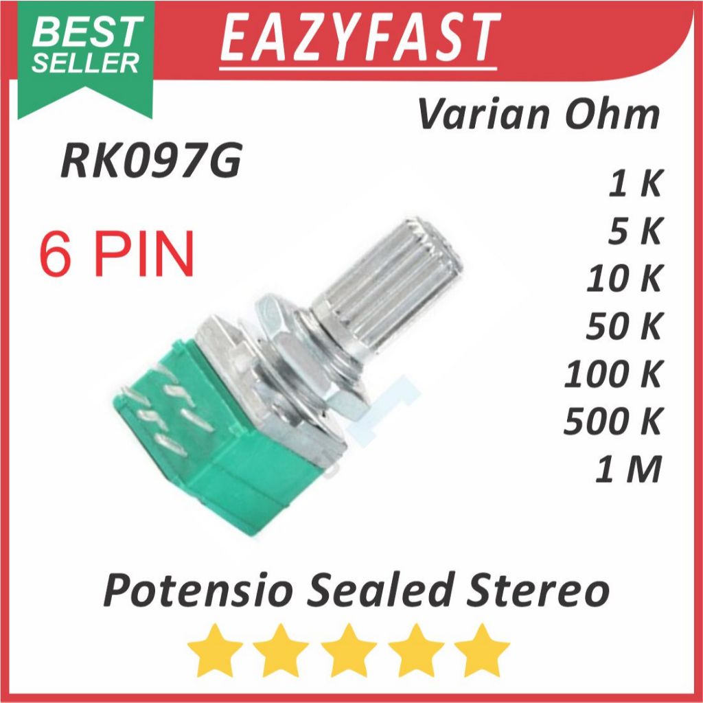 Potensiometer Audio Sealed Hijau Stereo 6P 6 P Pin Kaki 1K 5K 10K 50K 100K 500K 1M 1 5 10 50 100 500