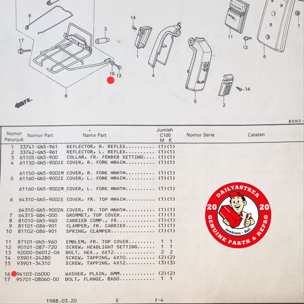 WASHER PLAIN 6MM RING BAUT RAK JEPIT DEPAN ASTREA PRIMA GRAND ORIGINAL ORI 94103-06000