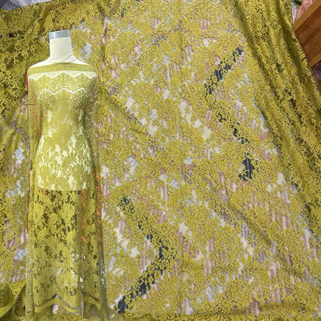 (2.5 METER) JAYA TEXTILES Bahan Kain Brukat Semi Prancis Benang Metalic Kebaya Warna Olive