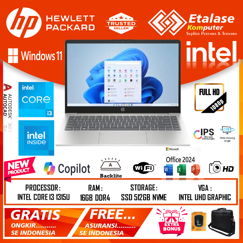 Laptop Resmi HP 14 EP0321TU | HP EP0261TU INTEL CORE i3 1315U 16GB 512GB COPILOT AI TERBARU ORIGINAL