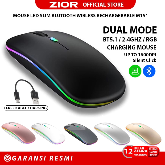 ZIOR M151 MOUSE LED Bluetooth Wireless rechargerable baterai DUAL MODE silent click bisa smarthphone