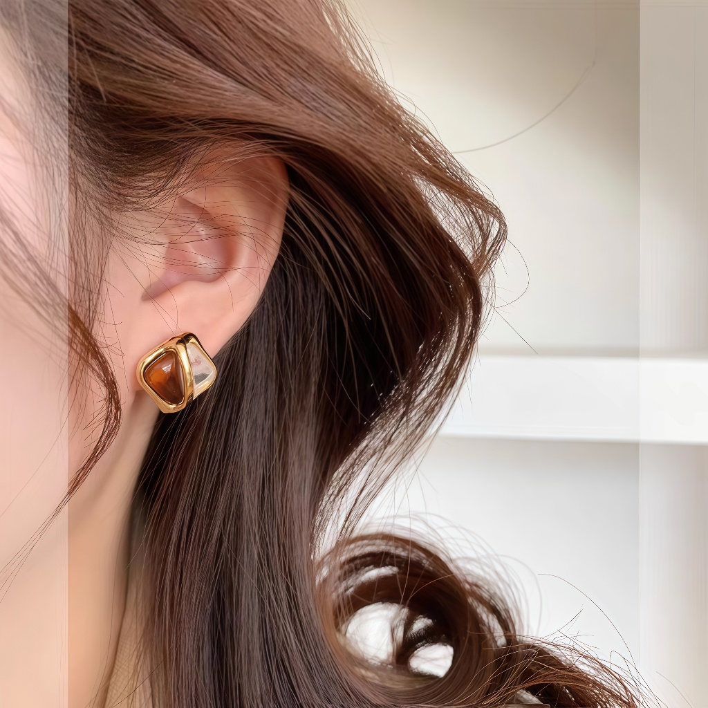 Anting Kotak Coklat Mewah Retro, Anting Wanita Klasik Prancis, Perhiasan Elegan untuk Outfit Sehari-