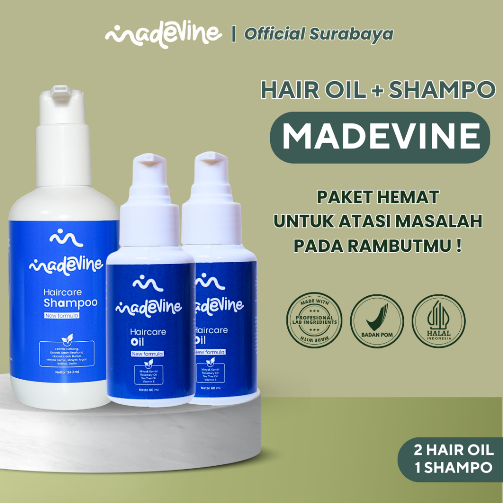 MADEVINE ORIGINAL - PAKET PENUMBUH RAMBUT BOTAK RONTOK | 2 HAIR OIL + 1 SHAMPOO