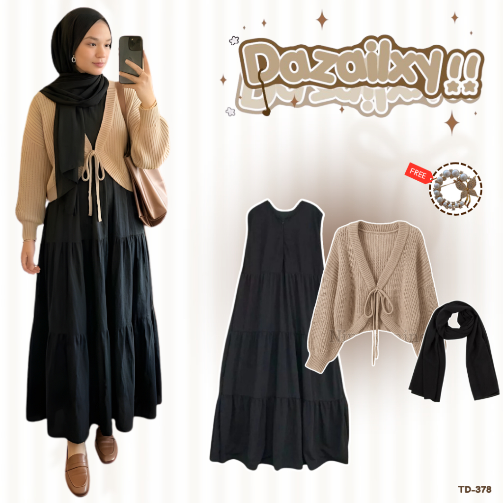 Onniwear - 3 In 1 Set Remaja Terbaru ( Cardigan Bolero + Iner Dres + Pashmina ) OOTD Hijab SET TD 37