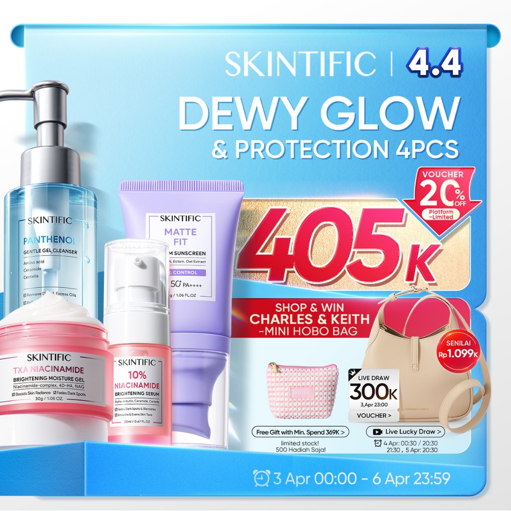 SKINTIFIC - Dewy Glow & Protection 4Pcs Set | Serum Wajah Moisturizer Gel Toner Clay Mask Day Night 