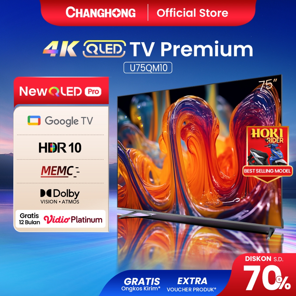 Changhong QLED TV 4K 75 inch Google Smart QLED PRO Digital TV Dolby Audio DBX-TV Google Play Netflix