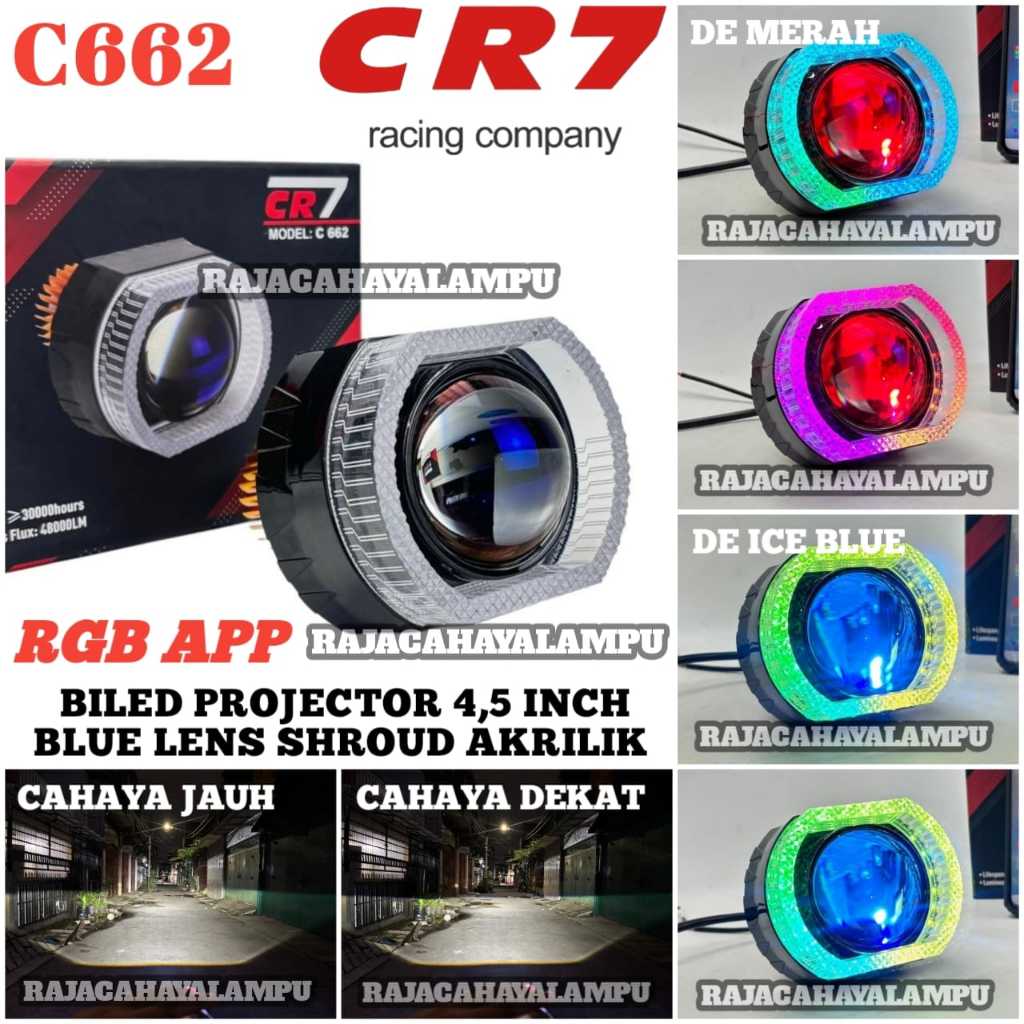 Lampu Biled Projector Asli 4'5 Inch C662 CR7 PRO Shroud Akrilik RGB APP Lensa Blue Lens Hi/Low Flat 