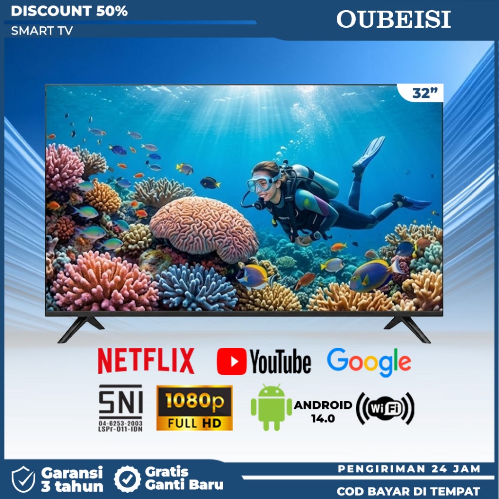 OUBEISI Smart TV LED 32 Inch Android 11.0 Full HD 1080p HDMI USB- Garansi 3 Tahun - Bisa COD