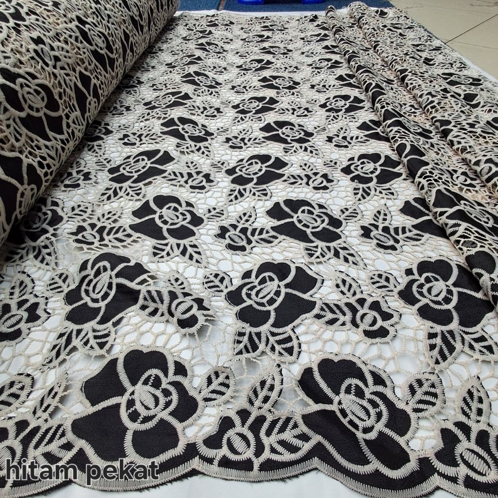 Kain Tile Bordir Prada Premium Motif Bunga Mawar / Brokat Oki Prada Bordir Rapi Elegan / Bahan Kebay