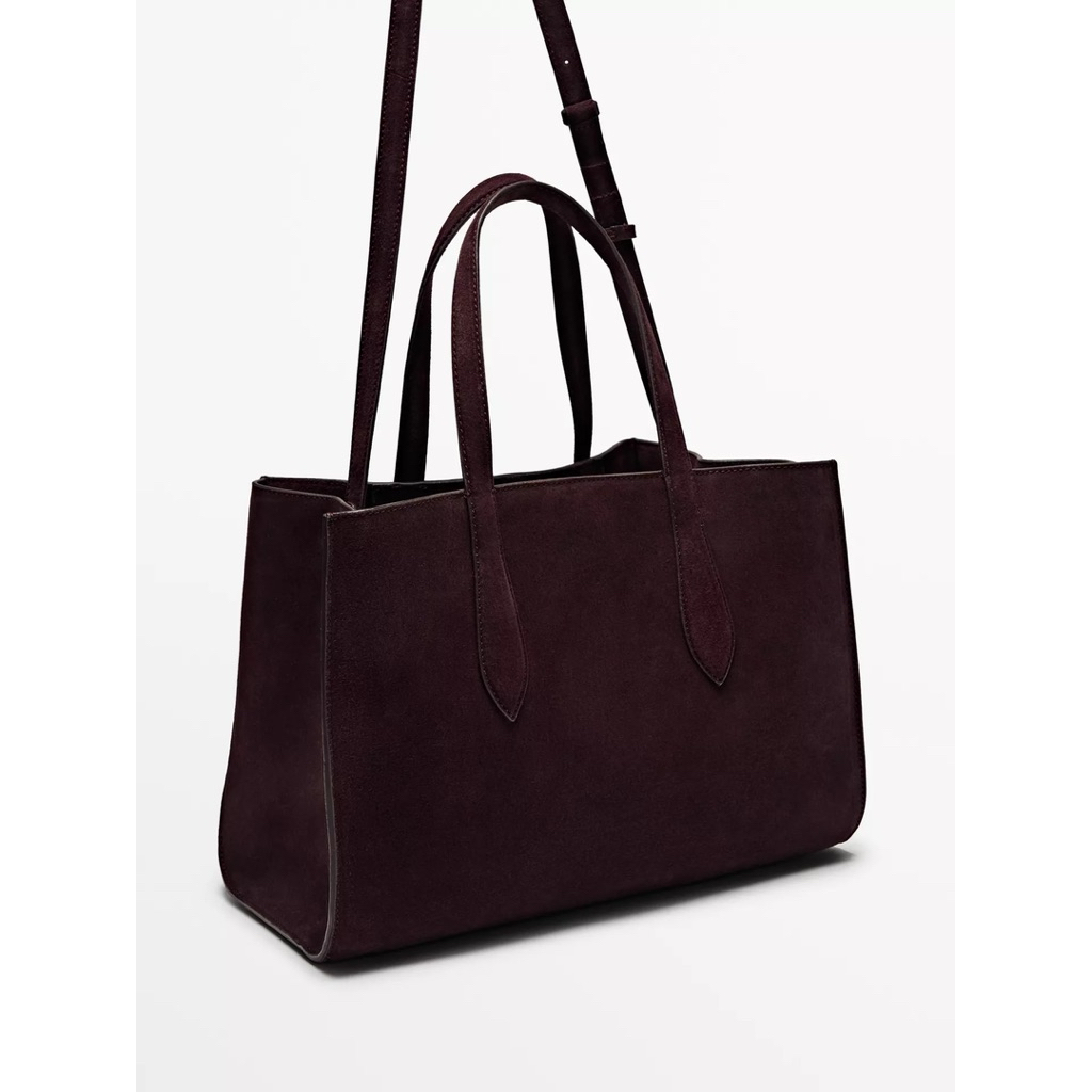 Tote bag leather Massimo Dutti Tas preloved - warna aubergine