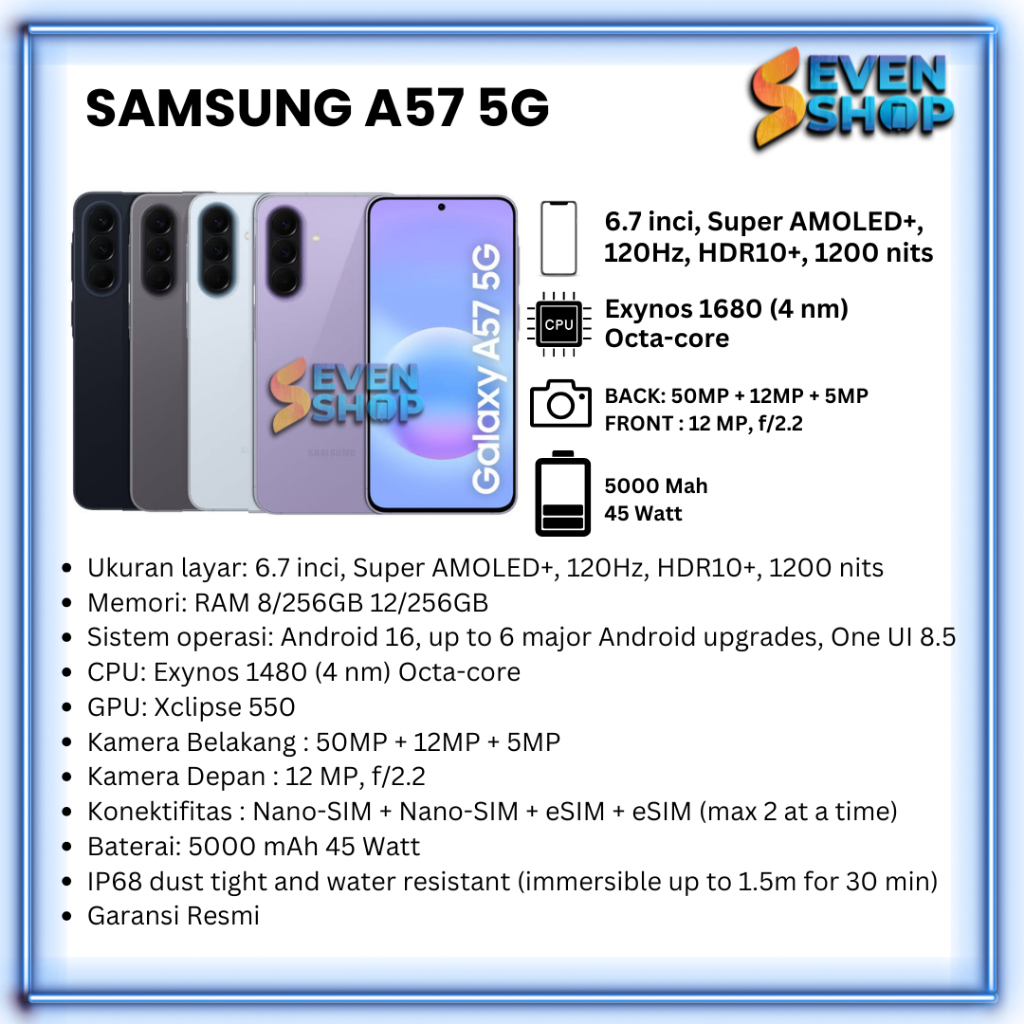 SAMSUNG GALAXY A57 5G RAM 8/128GB 8/256GB 12/256GB GARANSI RESMI 12 BULAN
