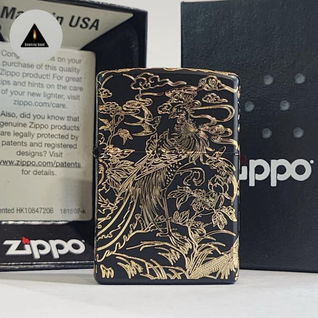 Original Zippo Phoenix and Flower Gold Plated Black Design 5 sisi Limited Edition