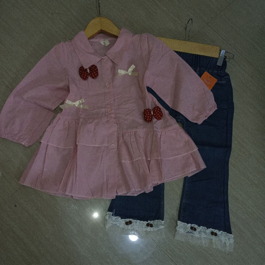 Tini Allshop. setelan tunik celana jeans 4-5th pink