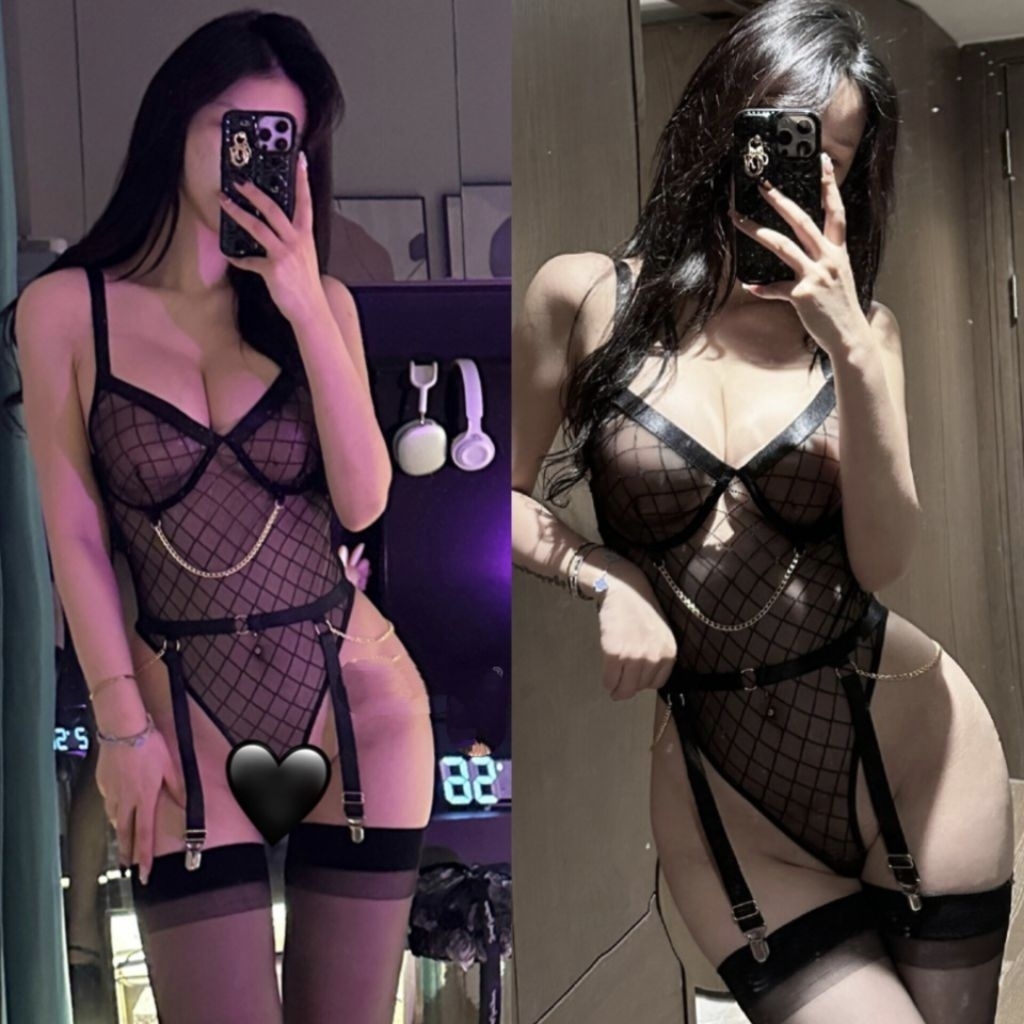 Sexy Bodysuit Teddy Lingerie Motif Kotak Hiasan Rantai