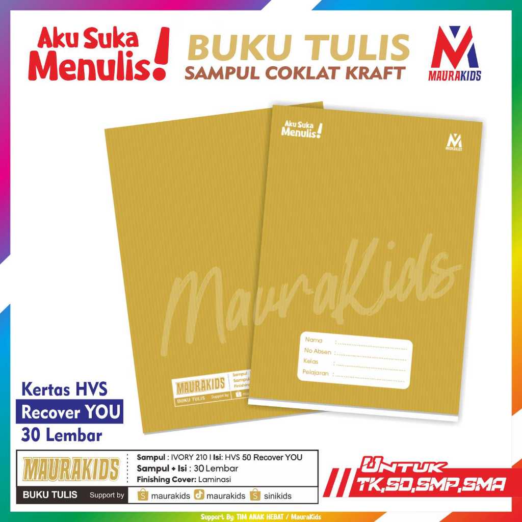 Buku Tulis Sampul Coklat 34 Lembar - Cover Polos Coklat, Isi 10 Buku per Paket Maurakids