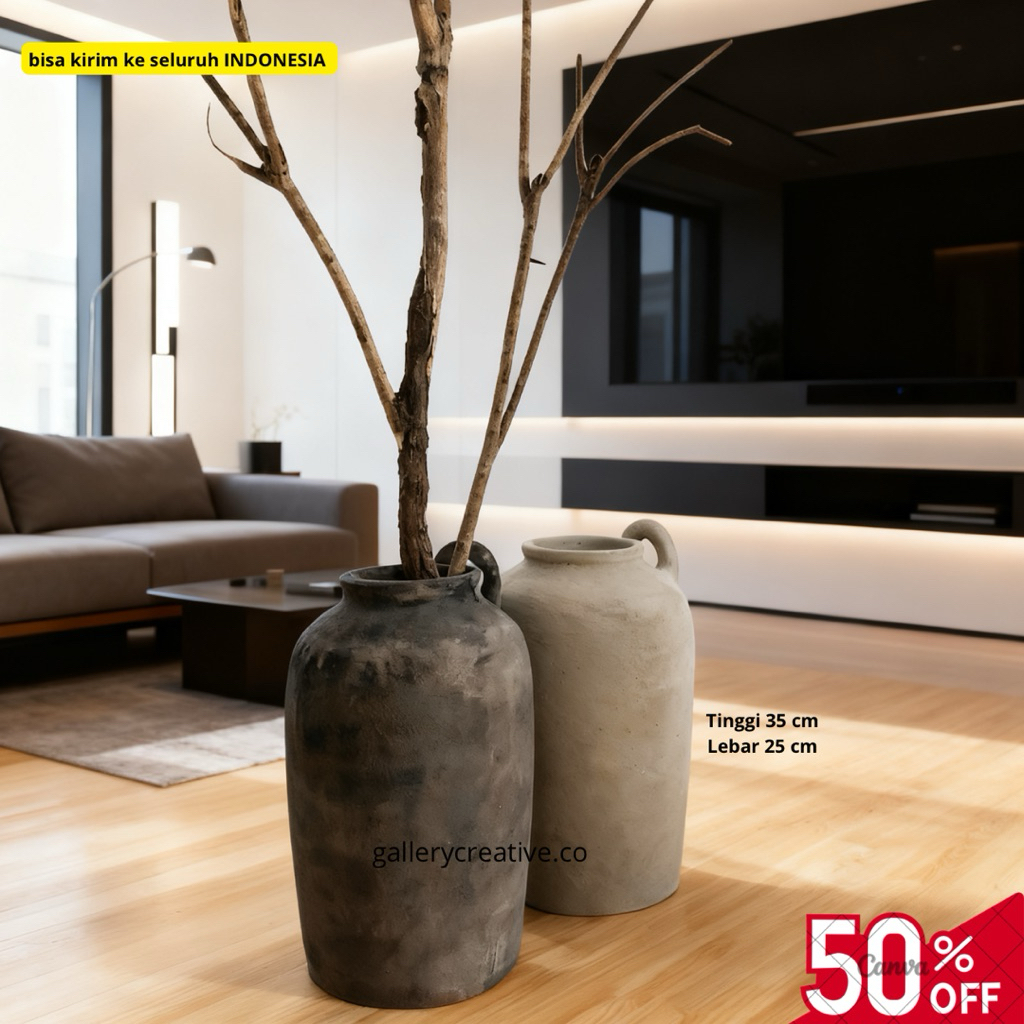 guci besar aesthetic - vas bunga premium free packing kayu