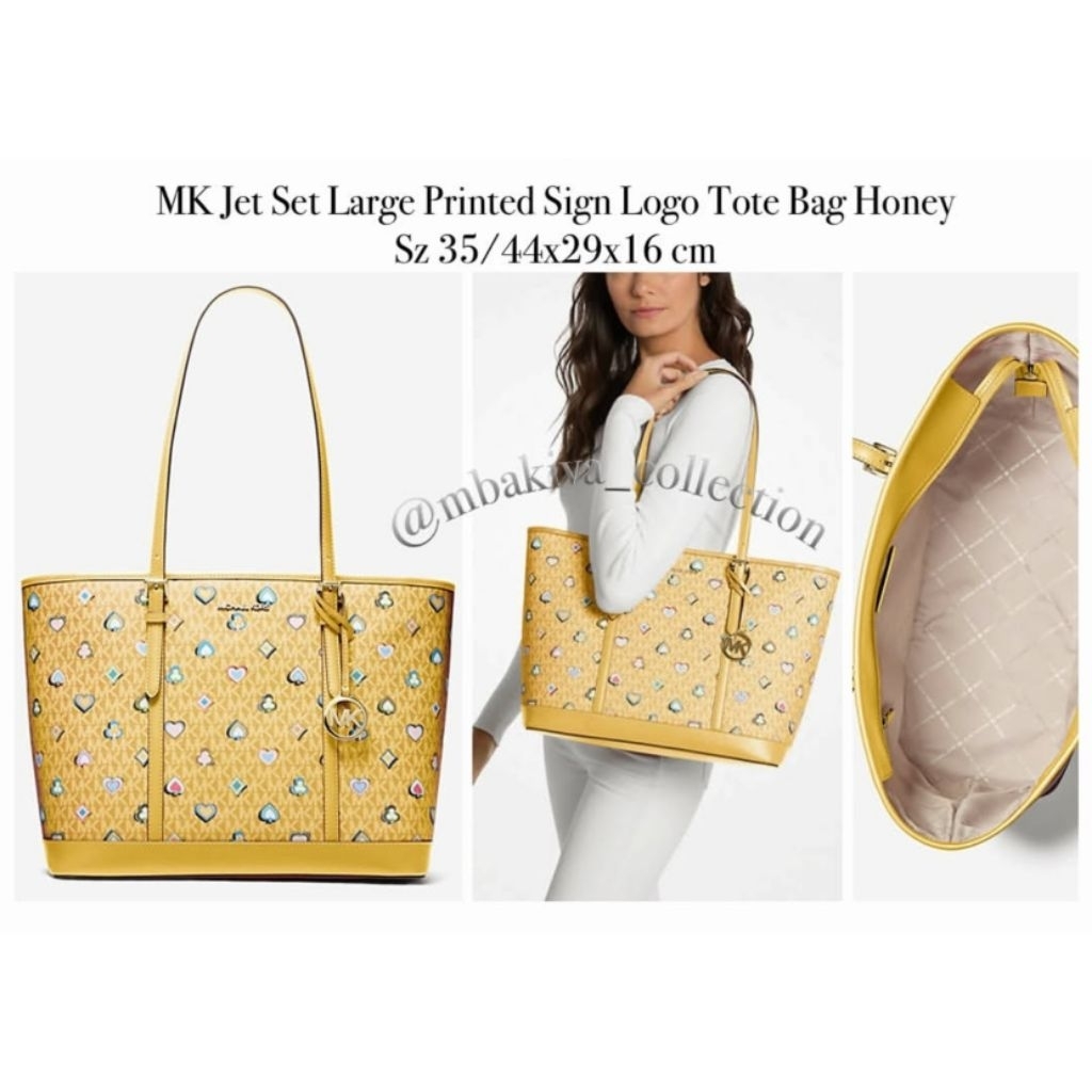 MK Jet Set Large Printed Sign Logo Tote Bag Honey