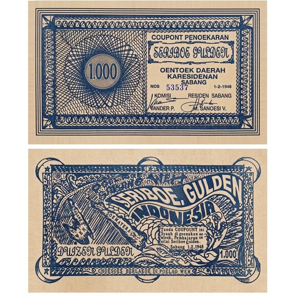 1000 Gulden Keresidenan Sabang Tahun 1948 Souvenir Replika Repro