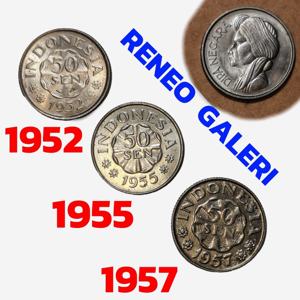 Berkilau Set 3 Tahun cetak 50 Sen Diponegoro Dipanegara 0,5 Rupiah paket tahun 1952 1955 1957