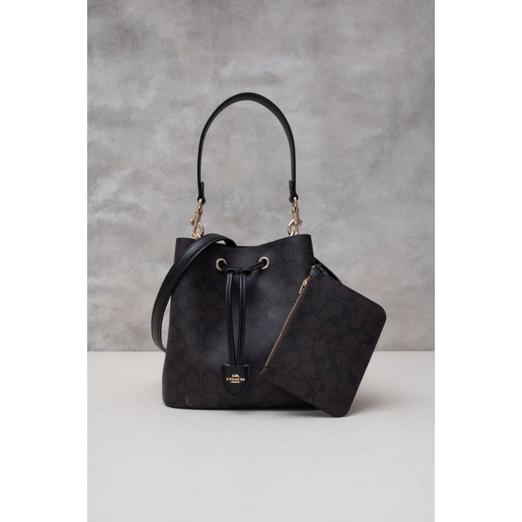 Coach Rowan Bucket Bag in Gold/Walnut/Black Signature Canvas