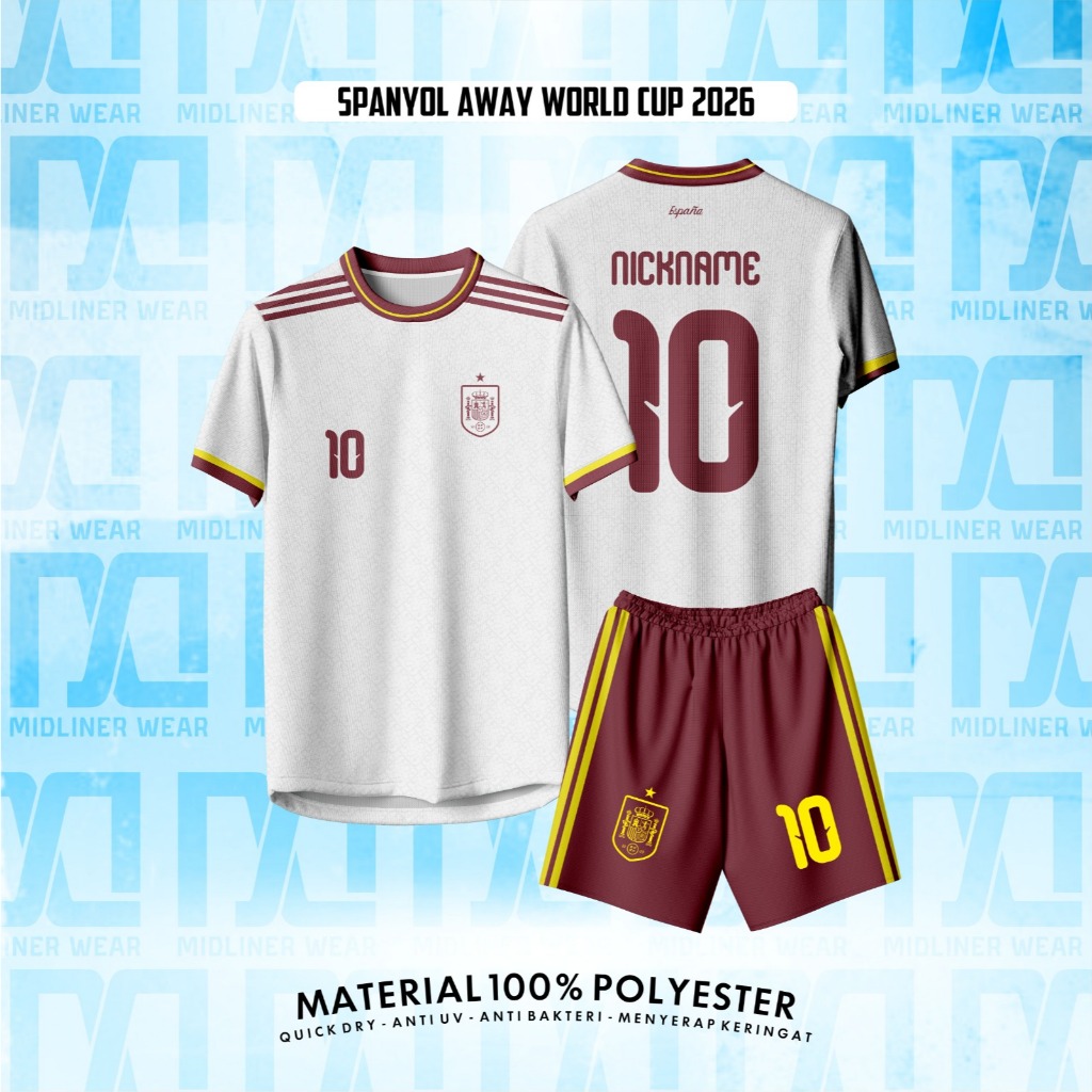 Jersey Bola Anak & Dewasa LA ROJA SPAIN AWAY WORLD CUP  2026 Dryfit – Setelan/Atasan Lengan Pendek P