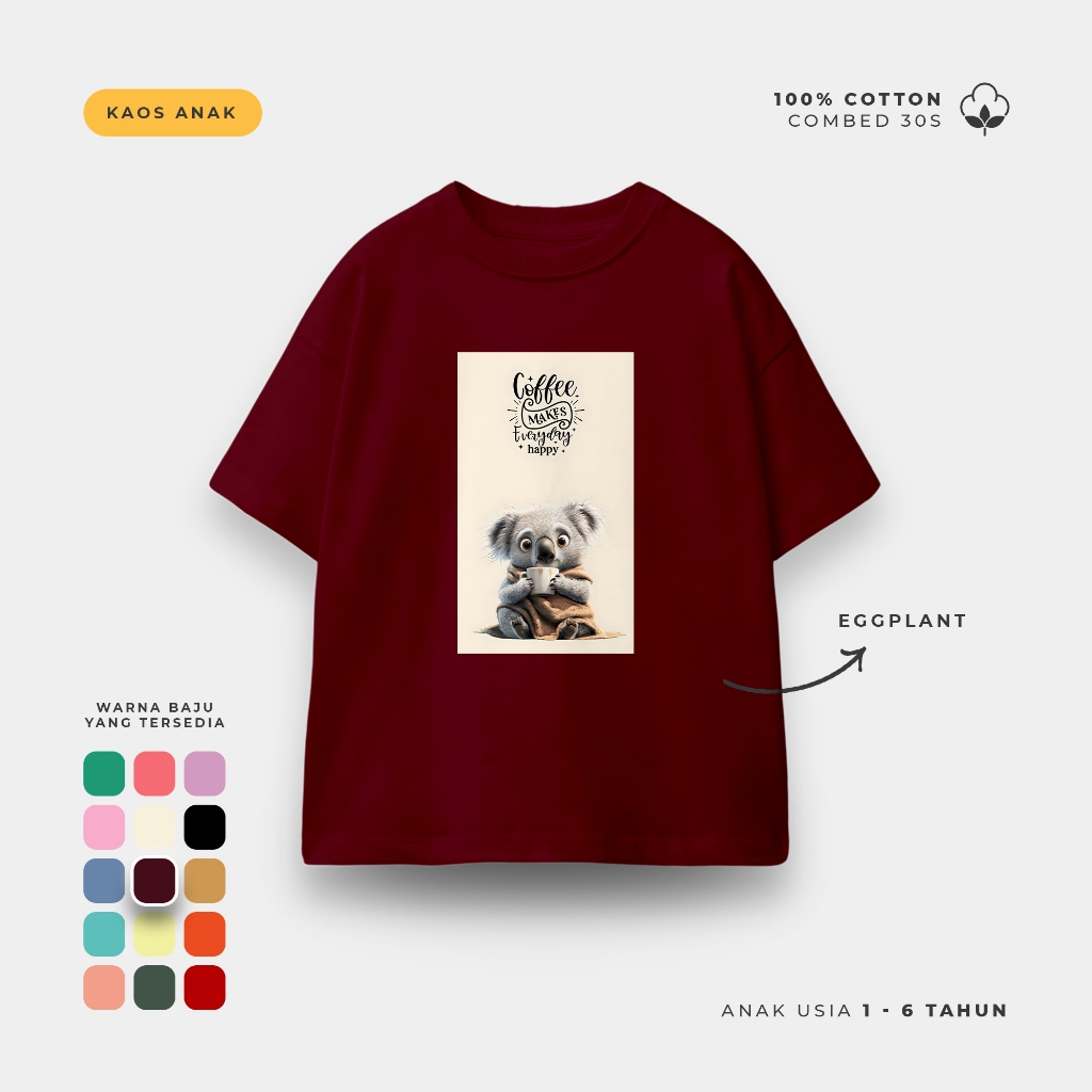 Kaos Anak Lengan Pendek Baju Anak Ula Kids Kaos Animal Quote Koala Usia 1 - 6 Tahun