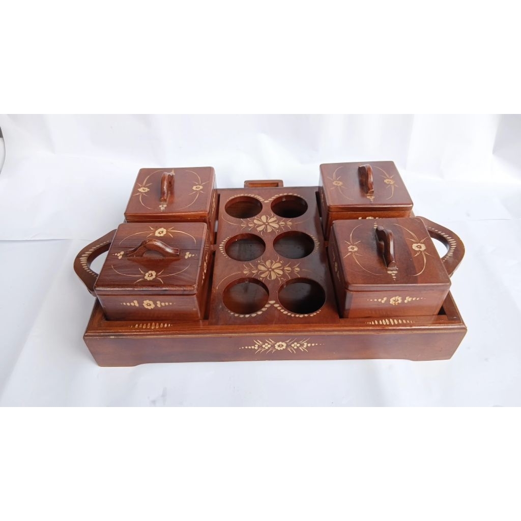 TOPLES KAYU SET 4 + TEMPAT GELAS AQUA CUP / RAK SAJIAN TAMU