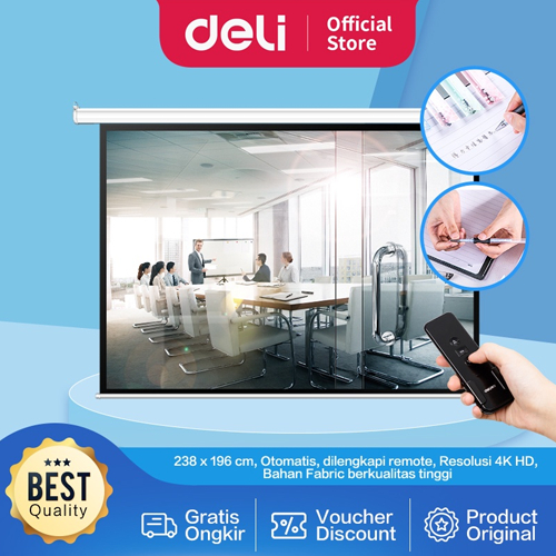 Deli Automatic Screen Proyektor/Layar Proyektor Otomatis 120 inch Dengan Remote Bisa Digantung 50441