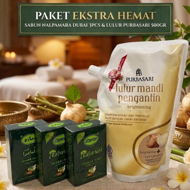 Paket super hemat sabun nalpamara dubai ori 3pcs & lulur Purbasari 500gr