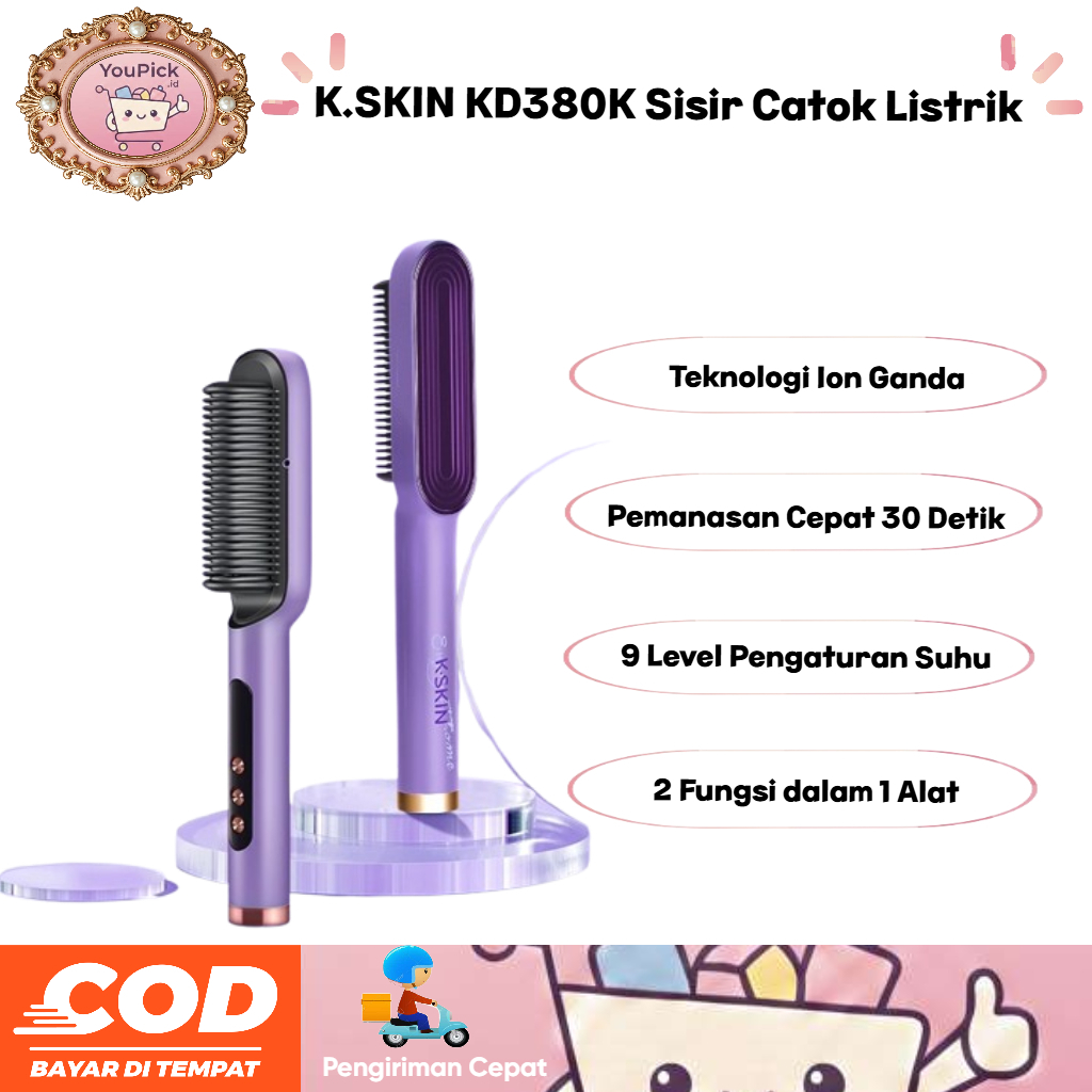 K.SKIN KD380K Sisir Catok Listrik Ionik KD380K 2in1 Pelurus Rambut Curler Fast Heat 9 Suhu Anti Friz