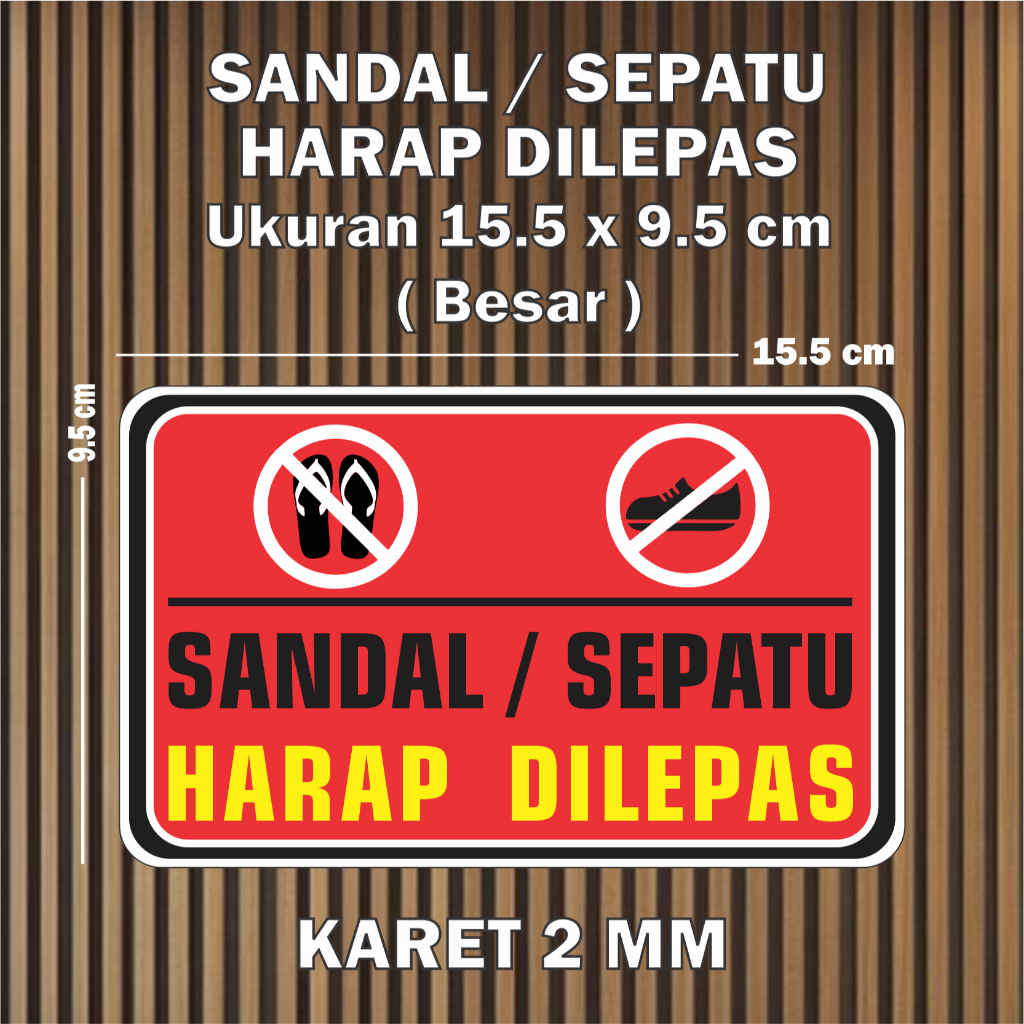 Pajangan hiasan dinding plang Sandal Sepatu Harap Dilepas merah ukuran 15.5 x 9.5 cm Dekorasi pering