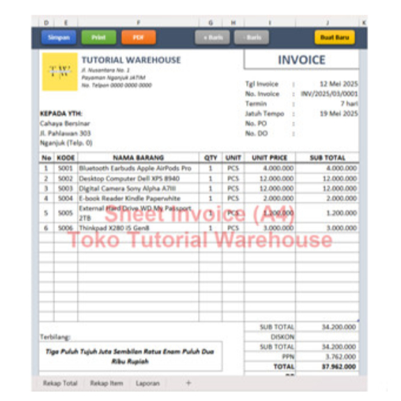 Template Excel Invoice Otomatis Simpan ke Arsip, Cetak PDF, Cetak ke Printer