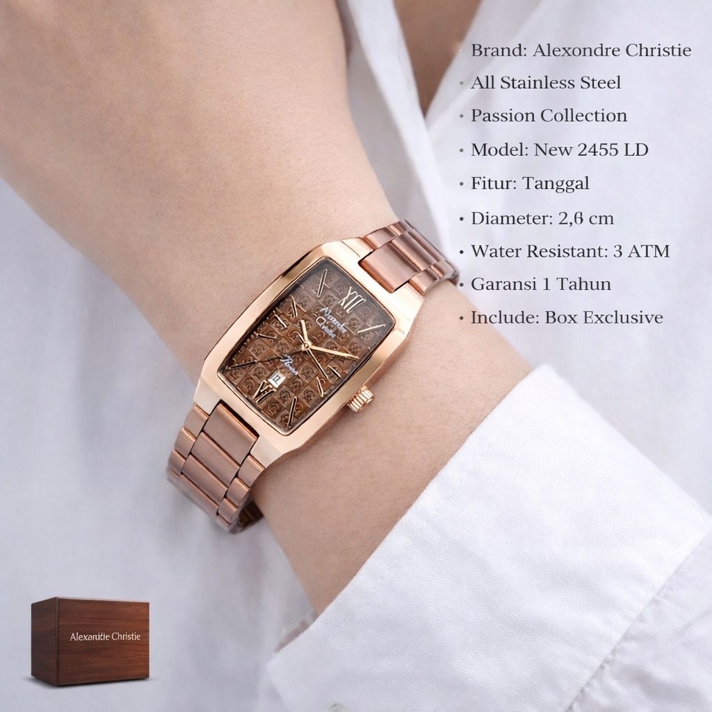 NEW  jam tangan wanita ORIGINAL Alexandre Christie AC  2455 Rose Gold 100% Ori model cewek kotak