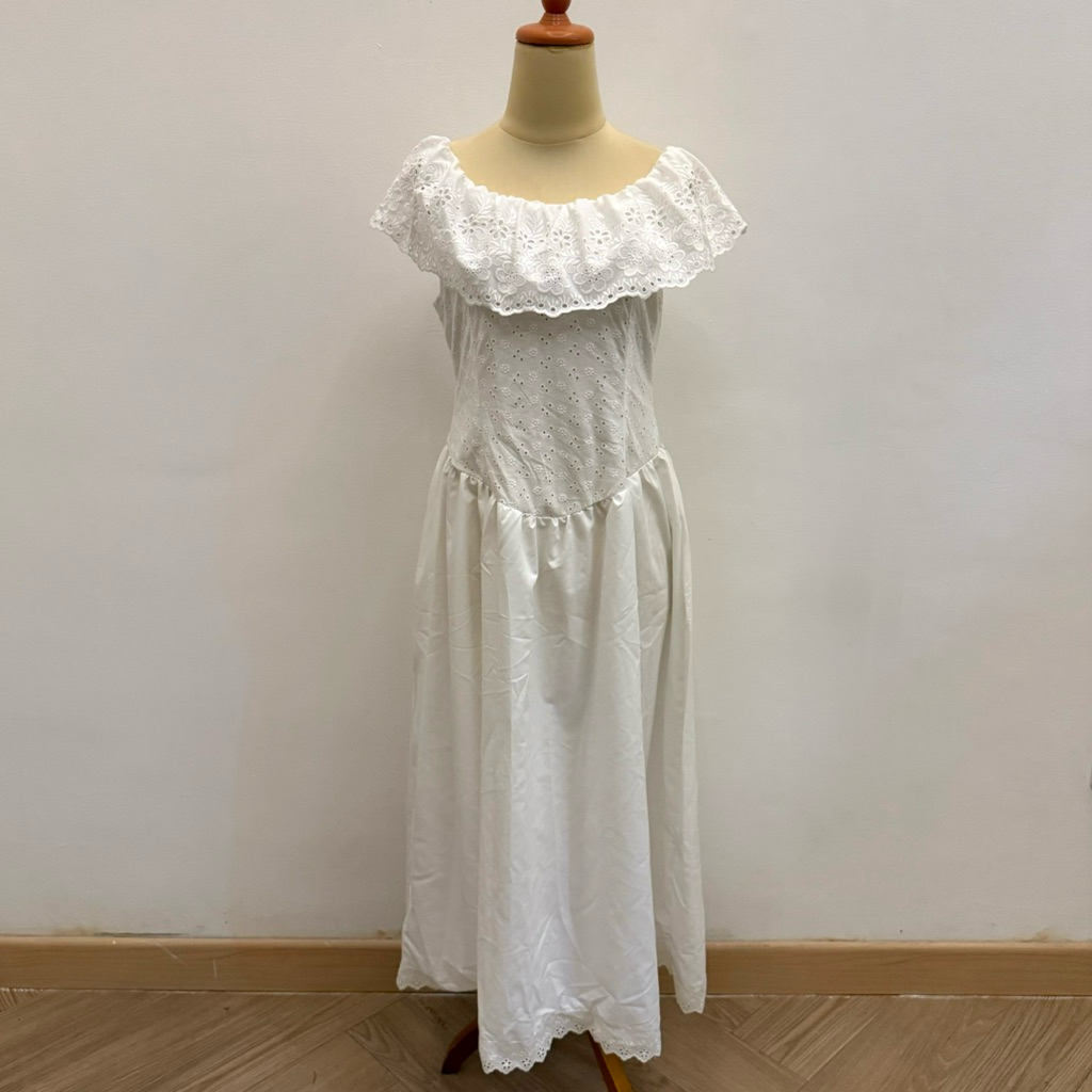 PRELOVED Ninette White Sabrina Ruffle Sleeve Basic Vintage Maxi Long Dress Fashion Wanita