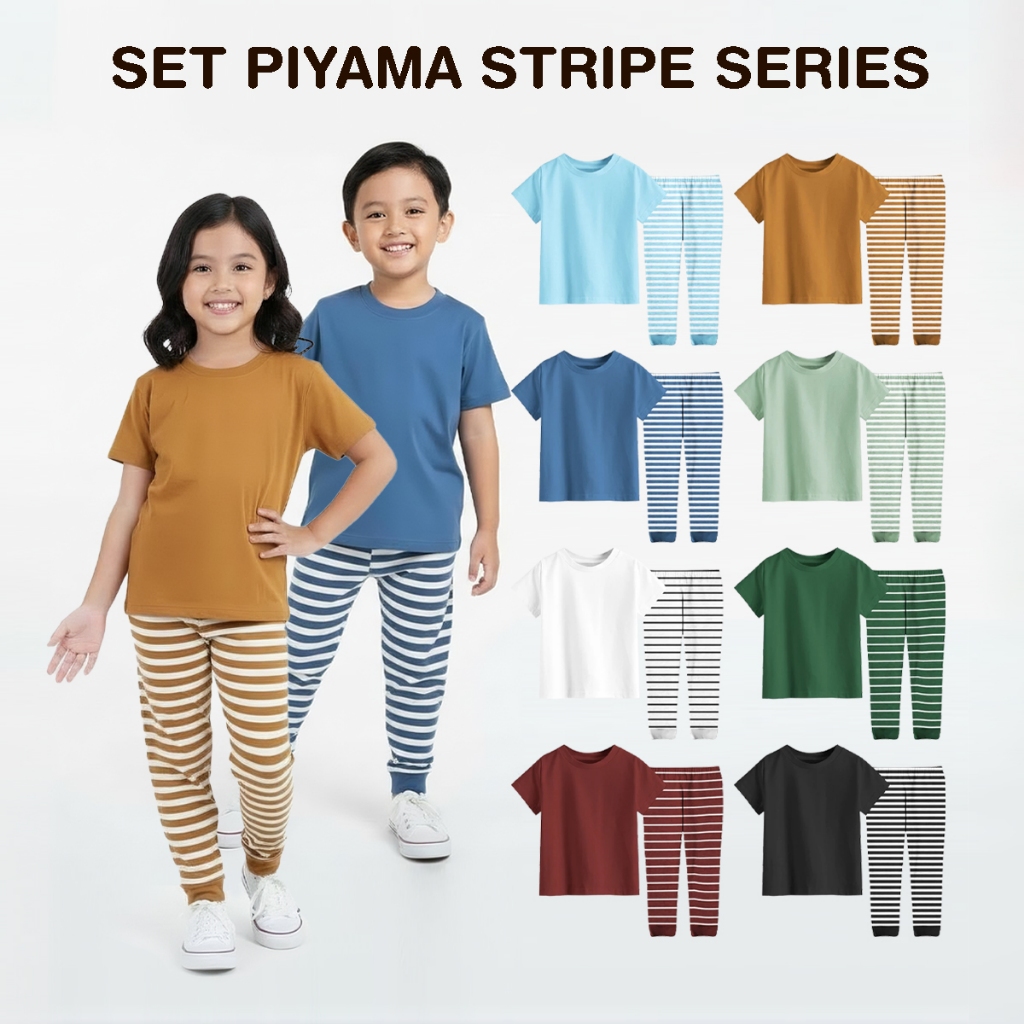 BLUESKIDS- Piyama T-shirt Celana Panjang Strip Polos Anak Laki-laki Perempuan